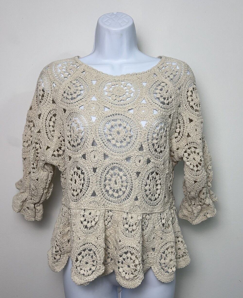 Women's Ruffled Crochet Top Sz Small Ivory 3/4 Sleeve Solitaire Boho Retro